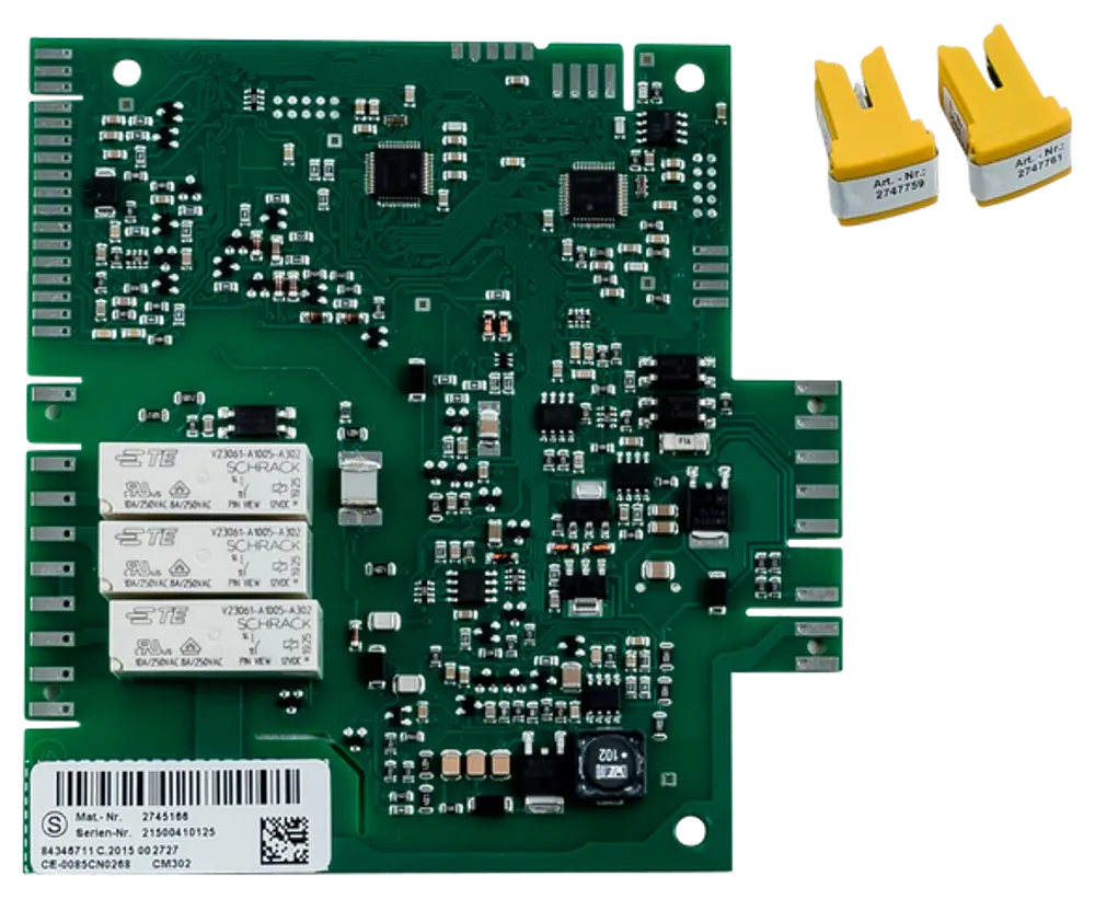 Schaltungsträger mit verschiedenen elektronischen Komponenten und Relais, geeignet für Heizsysteme von Wolf. Enthält zwei Temperaturfühler.